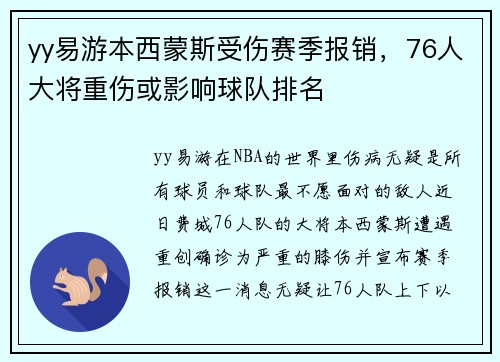 yy易游本西蒙斯受伤赛季报销，76人大将重伤或影响球队排名